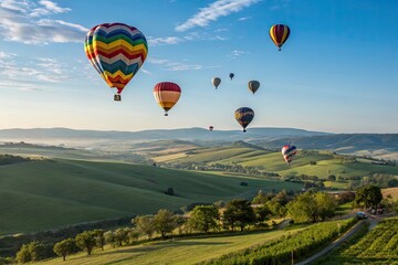Obraz premium Colorful hot air balloons over lush rice paddies and mountains