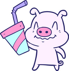 nervous cartoon pig with huge soda in bright neon color