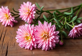 Delicate pink chrysanthemum blooms arranged on rustic wooden table,  picture,  image