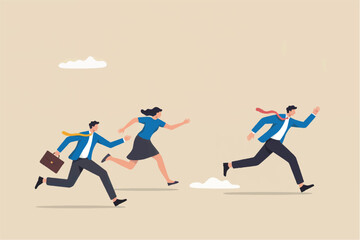 Three diverse businesspeople in suits and ties running forward with determination and ambition in a race for success isolated on transparent background