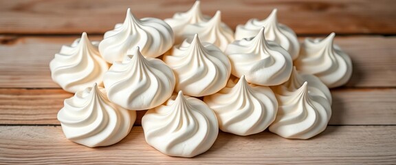 Delicate white meringue cookies, airy and light, on a rustic wooden surface,  treat,  sugar cookie