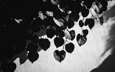 Black and white image of leaves casting shadows on a light wall