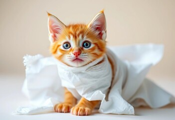 Playful orange kitten, wide-eyed, wrapped in toilet paper, clean studio background,  curious,  toilet paper
