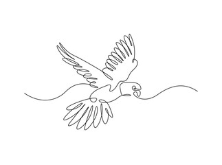 Fototapeta premium Flying parrot bird in single outline illustration. Continuous line art drawing of cockatoo bird.