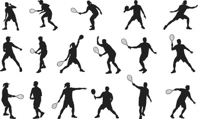 Silhouettes of paddle tennis players, dynamic action poses, holding rackets, isolated on white background, athletic movement, competitive game moments, sport lifestyle concept