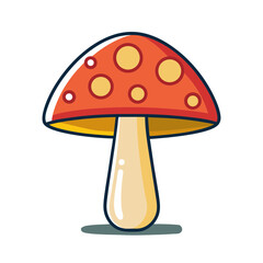 Cute cartoon red mushroom with yellow spots and white background