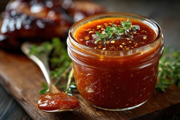 A jar of homemade BBQ sauce sits on a wooden surface, surrounded by fresh herbs, highlighting a perfect addition to summer grilling