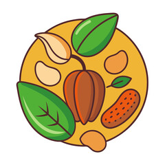 A colorful arrangement of cacao pods beans and leaves in a circle