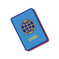 Stylized blue passport with globe emblem and travel lines