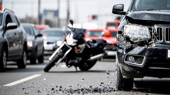 A damaged black SUV with a crushed front end is prominently displayed in the foreground, revealing shattered glass and debris scattered on the road, resulting a car accident on roadway.