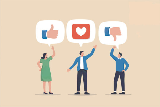 Three people expressing opinions with social media icons like thumbs up heart and thumbs down in speech bubbles isolated on transparent background