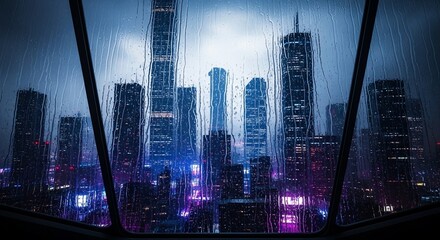 Rainy Night Cityscape: Futuristic Metropolis View Through Wet Window, Neon Lights