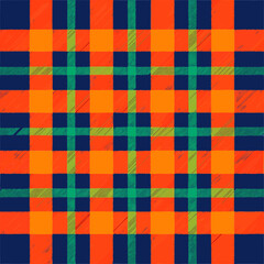 Vibrant orange navy blue and green plaid pattern with textured lines