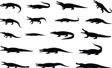 Silhouettes of crocodiles and alligators in various poses, wild reptile illustrations, aggressive animal postures, isolated black icons, wildlife vector images, nature concept
