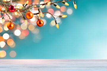 Softly blurred background features vibrant Christmas lights in various colors, enhancing the festive spirit and warmth of the holiday season
