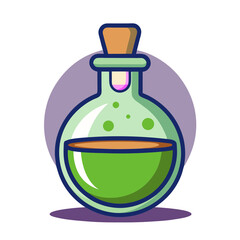 A cartoon illustration of a glowing green potion in a round glass bottle
