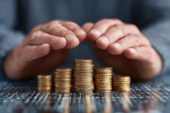 Businessman uses hands to protect a pile of stacked coins while focused on financial security in a professional workspace