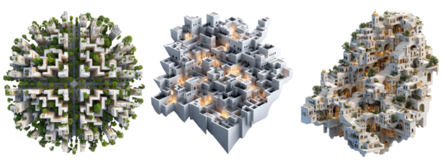 Abstract 3D Urban Landscape with Unique Structures and Layouts