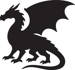 Black Dragon Silhouette with Large Wings and Curled Tail on a White Background stark black