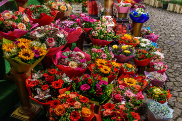 Stalls with bouquets of flowers for sale