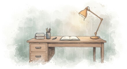 Obraz premium Cozy Desk Workspace Rain - A wooden desk with a lamp, open notebook, pencils, and books sits against a rainy window. Calm, studious atmosphere