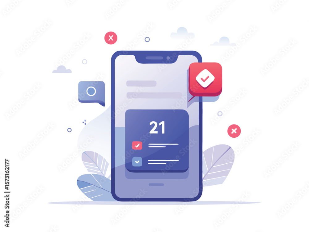 Poster modern smartphone displaying a to do list with checkmarks and crosses isolated on white background