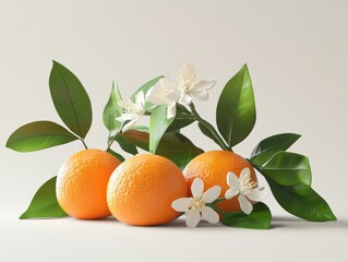 Fresh oranges with blossoms and leaves