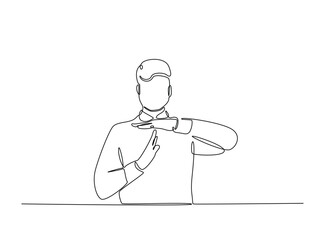 Man showing time-out hand gesture in single outline illustration. Continuous line art drawing of break time hand sign.