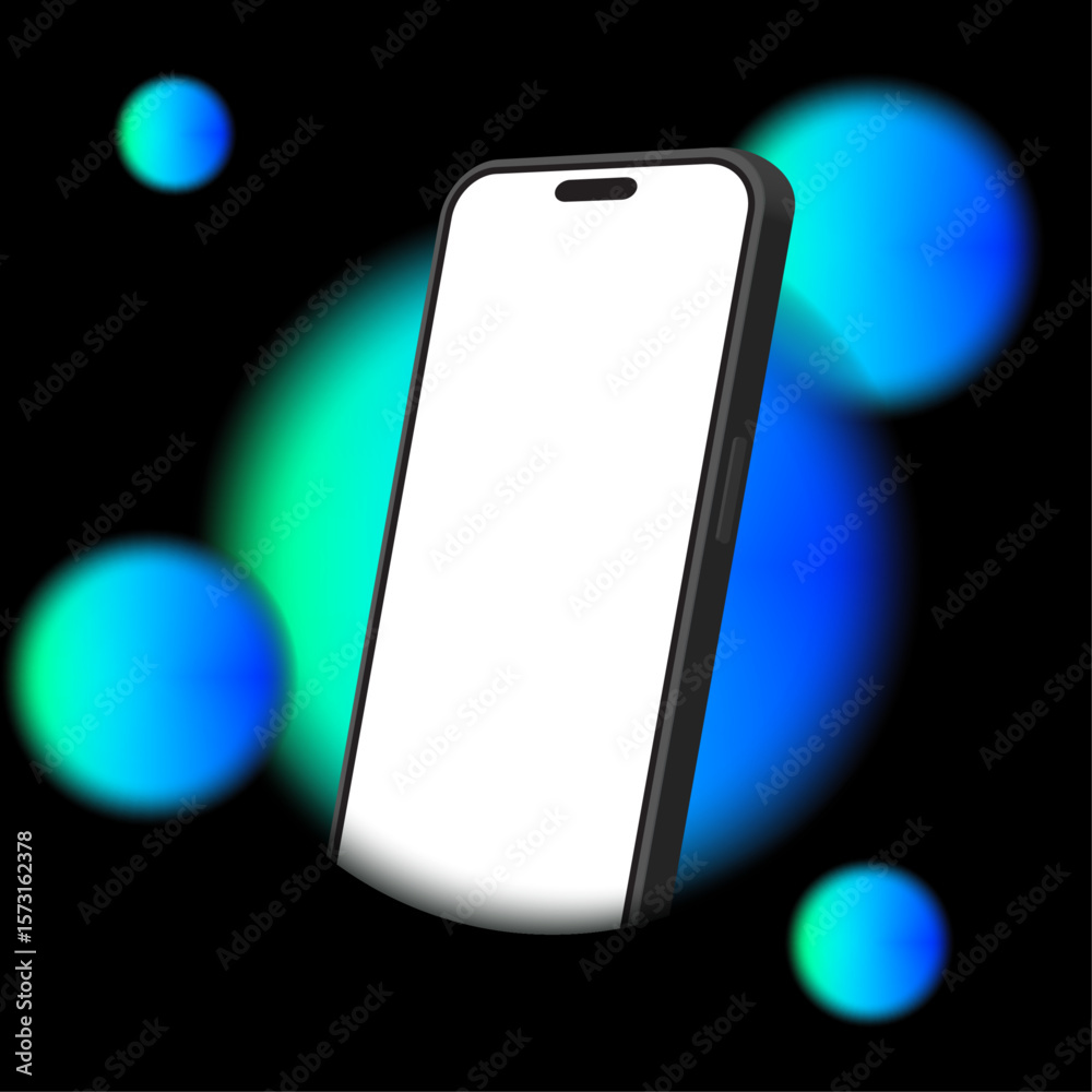 Poster modern smartphone mockup with glowing neon circles on black background – blank screen template for a