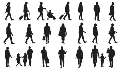 Silhouettes of People Walking with Luggage, Children, and Bags – Urban Traveler, Family, and Commuter Vector Graphic Pack