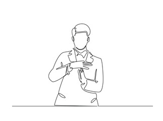 Man showing time-out hand gesture in single outline illustration. Continuous line art drawing of break time hand sign.