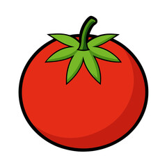Simple cartoon illustration of a red tomato with green stem and leaves