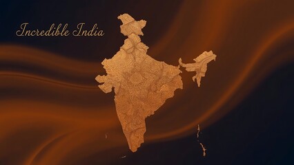 Map of India with Terracotta Gradient and Gold Incredible India Text and Traditional Motifs