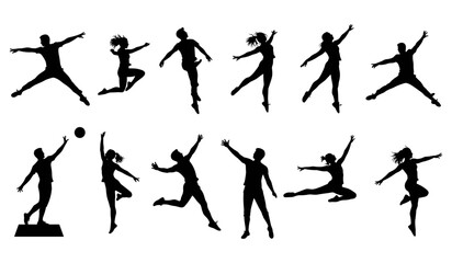 Energetic Collection of People Silhouettes in Various Jumps and Dynamic Poses – Ideal for Fitness, Dance, Celebration, and Active Lifestyle Designs