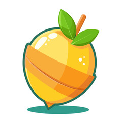 Stylized yellow fruit with orange stripes and green leaves