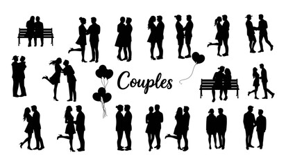 Romantic Collection of Couple Silhouettes in Various Poses – Depicting Love, Affection, and Togetherness, Ideal for Relationship, Valentine's Day, and Wedding Designs