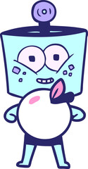 happy cartoon robot with apple in bright neon color