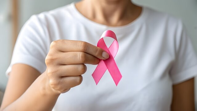A person holds a pink awareness ribbon, symbolizing breast cancer support.