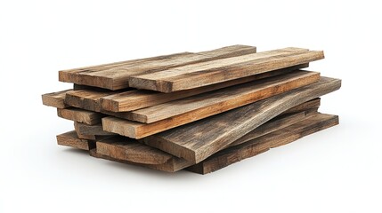 Stacked rough cut planks of wood with visible grain and dark edges against a black background in studio shot