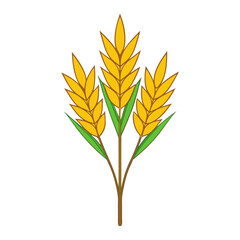 Three golden wheat stalks with green leaves on a white background