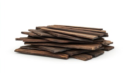 Stacked rough cut planks of wood with visible grain and dark edges against a black background in studio shot