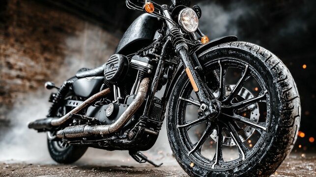 Close-up of a black motorcycle in a smoky environment