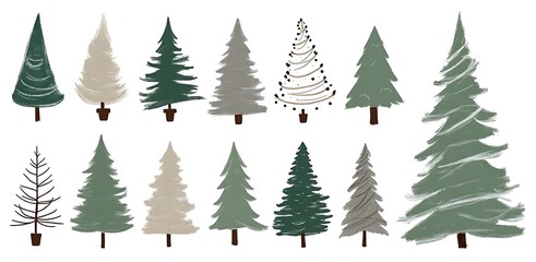 Obraz premium Eleven stylized Christmas trees in green beige and grey tones pine