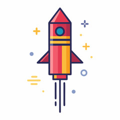 Colorful cartoon rocket launching into space with stars and planets