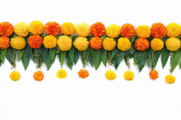 Marigold flower rangoli on white background for diwali or dasara festival in hinduism