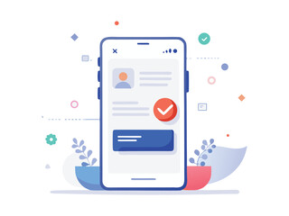 Modern mobile phone displaying user profile and confirmation with decorative elements isolated on white background
