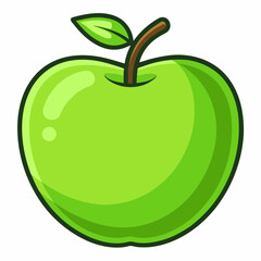 A bright green apple with a leaf and stem