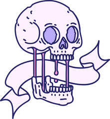 traditional tattoo with banner of a skull in bright neon color