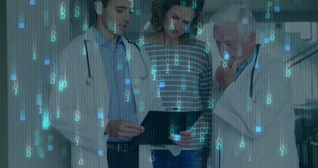 Binary code overlay shifting revealing doctors consulting patient tapping tablet studying charts - Powered by Adobe