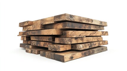 Stacked rough cut planks of wood with visible grain and dark edges against a black background in studio shot